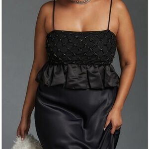 NWT By Anthropologie Beaded Satin Crop Tank in Black Size Large